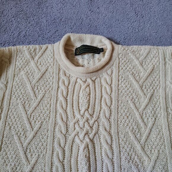 Irish Woolen Mills Sweater Mens Medium Beige Wool Cableknit Roll Neck Fisherman - Picture 2 of 11
